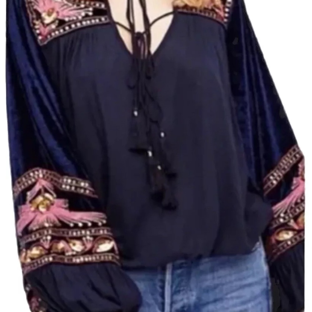 Free People Velvet Sequins Peasant Aflame Top Shirt S M